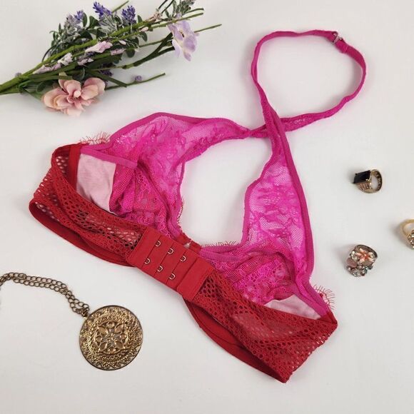 32C {Victoria's Secret} Red Pink Lace Halter Bra - Picture 3 of 5